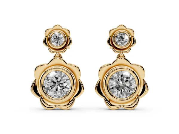 Round Diamond Flower Drop Earrings with Lab Diamond Accents Yellow gold