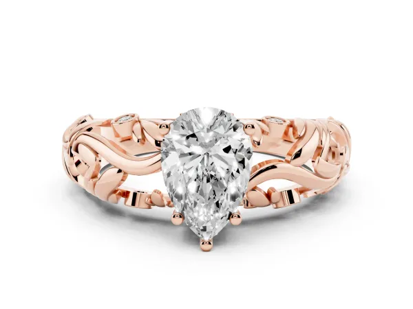 Pear Cut Solitaire Diamond Leaf-Inspired Vine Band Ring with Prong Setting Rose gold