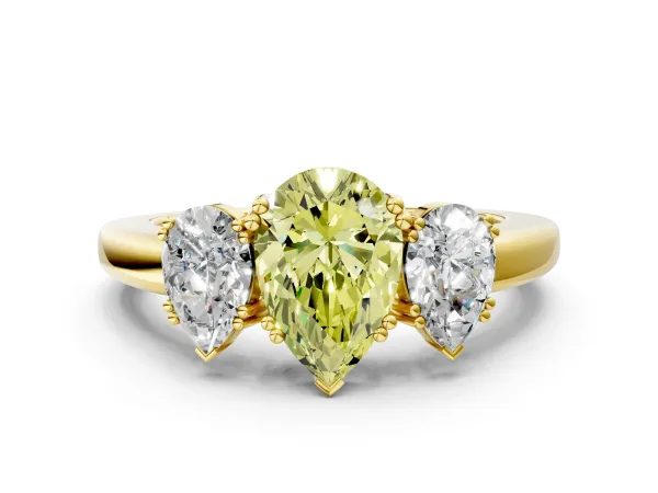 Fancy Yellow Three-Stone Pear Cut Cut Diamond Ring with Channel Set Band and Four-Prong Setting Yellow gold
