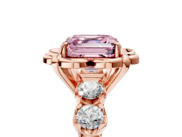 Fancy Pink Asscher Cut Cut Diamond Floral Halo Engagement Ring with Shared Prong Setting Rose gold
