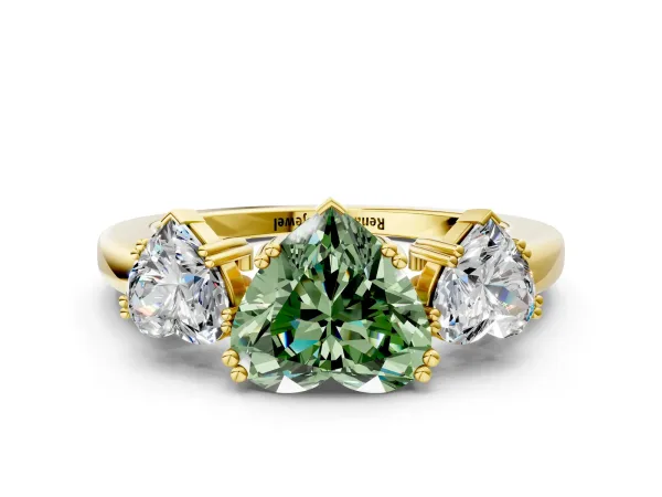 Fancy Green Three-Stone Heart Cut Cut Diamond Ring with Channel Set Band and Four-Prong Setting Yellow gold