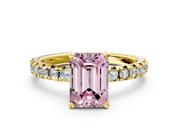 Fancy Pink Emerald Cut Diamond Solitaire Pavé Engagement Ring with Round Band and Prong Setting Yellow gold
