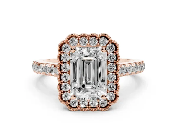 Emerald Cut Cut Diamond Milgrain Floral Halo Engagement Ring with Pavé Band Rose gold