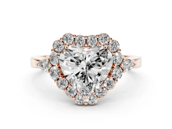 Heart Cut Diamond Halo Ring with Pear Side Stones and Prong Setting Rose gold