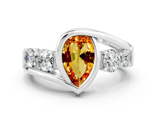 Bezel Set Pear Cut Citrine Bypass Ring with Round Accents Platinum