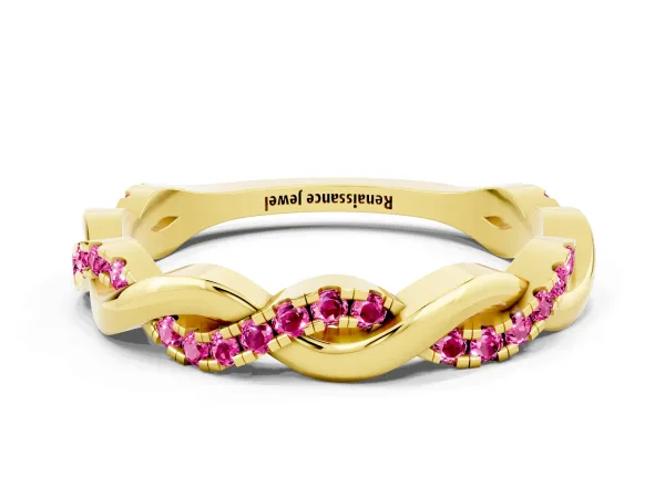 Round Pink Sapphire Twist Eternity Band with Pavé Setting Yellow gold