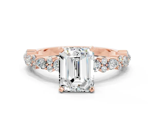 Emerald Cut Moissanite Side Stone Solitaire Ring with Round and Four-Prong Setting Rose gold