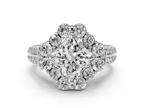 Princess Cut Halo Diamond Engagement Ring with Split Shank and Prong Setting Platinum