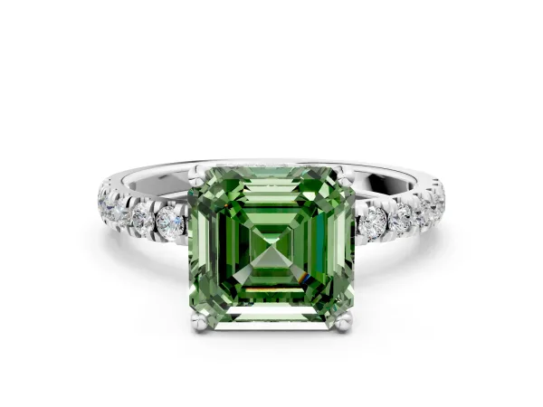 Fancy Green Asscher Cut Diamond Pave Band Solitaire Ring with Round and Prong Setting Platinum