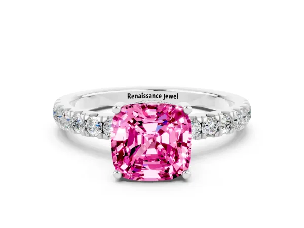 Cushion Cut Pink Sapphire Pave Band Solitaire Ring with Round and Prong Setting Platinum