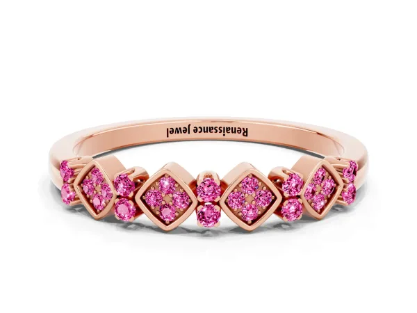 Pavé Cushion Pink Sapphire Cluster Eternity Band with Prong Setting Rose gold
