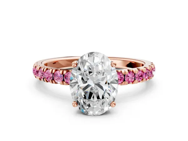 Oval Cut Diamond Pave Band Solitaire Ring with Round Pink Sapphire and Prong Setting Rose gold