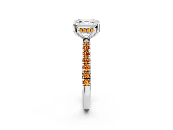 Asscher Cut Diamond Pave Band Solitaire Ring with Round Citrine and Prong Setting Platinum