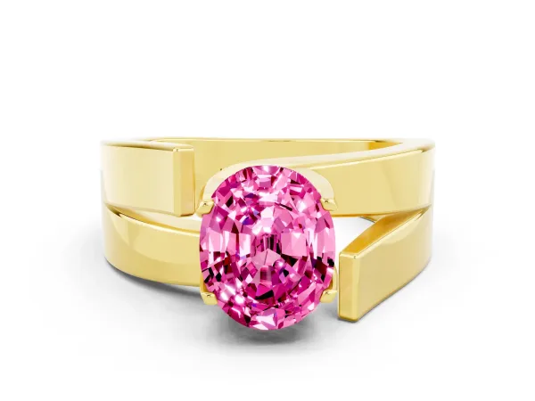 Modern Tension Set Oval Cut Pink Sapphire Solitaire Wide Band Ring Yellow gold