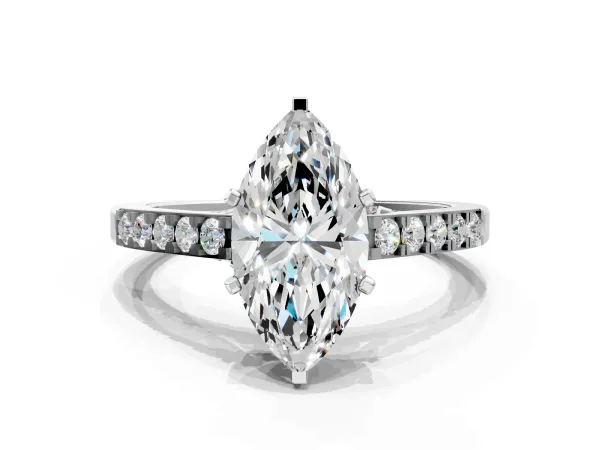 Marquise Cut Diamond Solitaire Ring with Crossover Gallery and Round Pavé Band Platinum