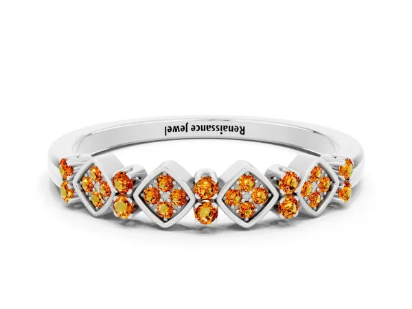 Pavé Cushion Citrine Cluster Eternity Band with Prong Setting Platinum