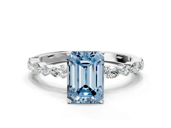 Fancy Blue Emerald Cut Diamond Ring with Marquise and Round Side Stones and Four-Prong Setting White gold
