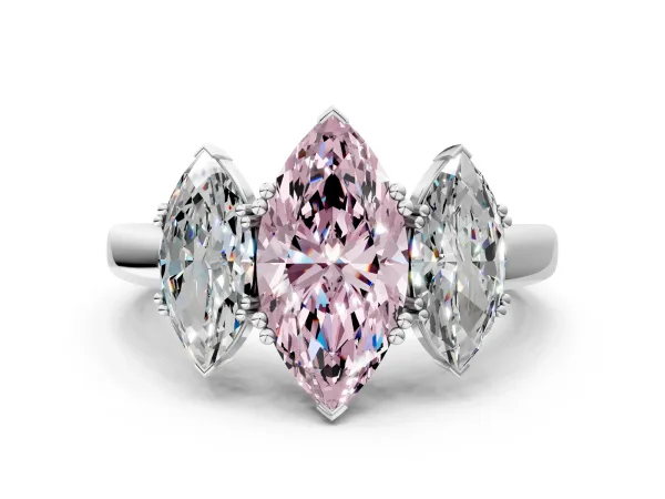 Fancy Pink Three-Stone Marquise Cut Cut Diamond Ring with Channel Set Band and Four-Prong Setting Platinum