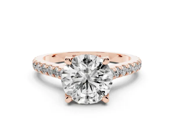Round Cut Brilliant Diamond Solitaire with Pavé Band and Four-Prong Setting Rose gold