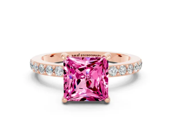 Princess Cut Pink Sapphire Solitaire Engagement Ring with Pavé Band and Four-Prong Setting Rose gold