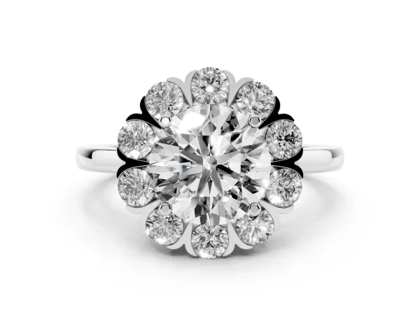Round Cut Diamond Floral Halo Solitaire Ring with Channel-Set Band and Claw Prong Setting Platinum