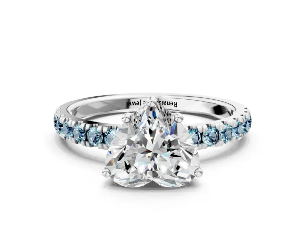 Heart Cut Diamond Pave Band Solitaire Ring with Round Aquamarine and Prong Setting Platinum