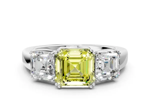 Fancy Yellow Three-Stone Asscher Cut Cut Diamond Ring with Channel Set Band and Four-Prong Setting Platinum