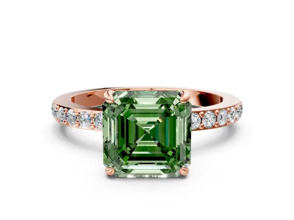 Fancy Green Asscher Cut Diamond Solitaire Engagement Ring with Pavé Band and Four-Prong Setting Rose gold