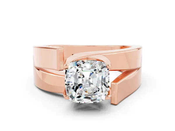 Modern Tension Set Cushion Cut Moissanite Solitaire Wide Band Ring Rose gold