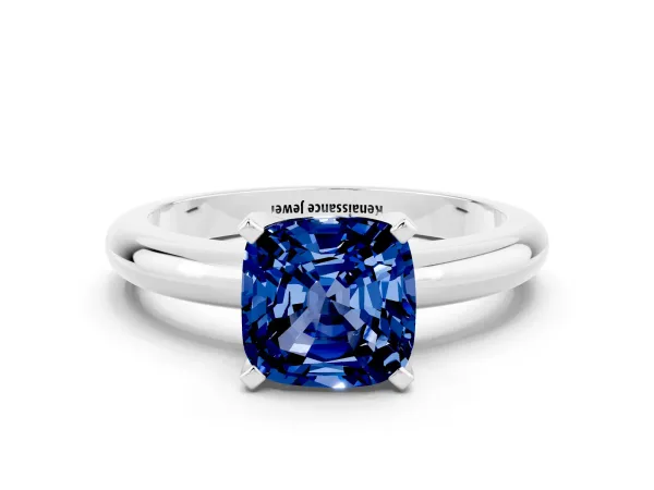 Cushion Cut Blue Sapphire Solitaire Engagement Ring with Round Band and Four-Prong Setting Silver