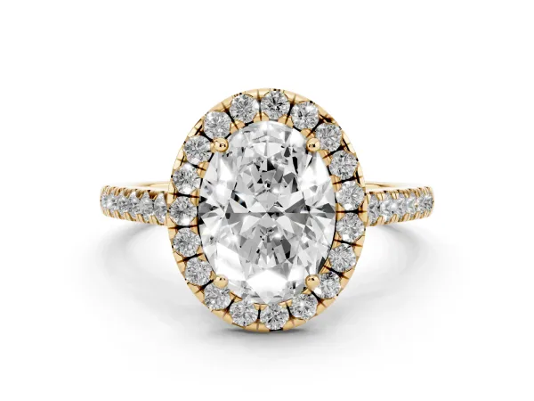 Oval Cut Halo Pave Diamond Engagement Ring with Four-Prong Setting Yellow gold