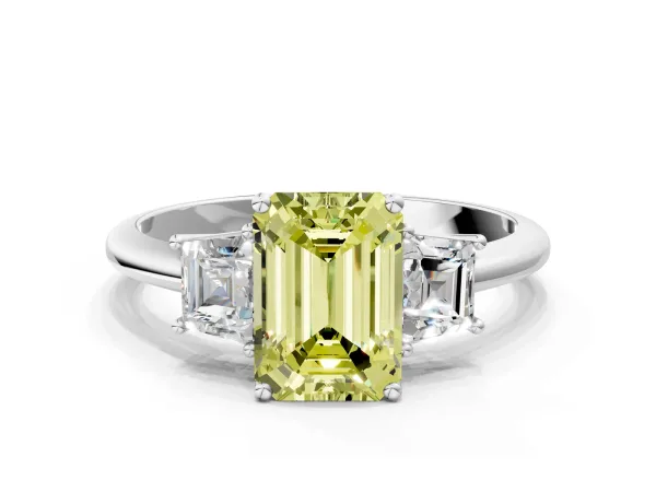 Fancy Yellow Emerald Cut Diamond Three-Stone Ring with Trapezoid Side Stones and Prong Setting Platinum