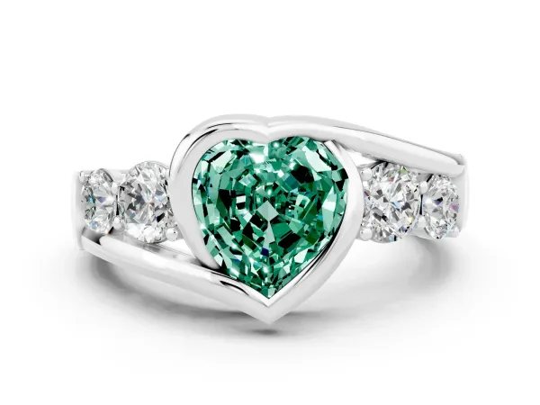 Bezel Set Heart Cut Green Sapphire Bypass Ring with Round Accents Platinum