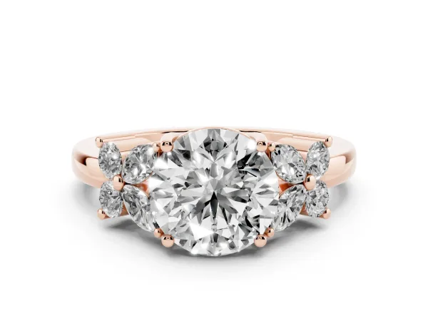 Round Cut Diamond Floral Cluster Ring with Solitaire Band and Prong Setting Rose gold