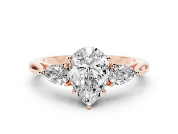 Three-Stone Pear Cut Brilliant Diamond Solitaire Ring with Tapered Band and Four-Prong Setting Rose gold
