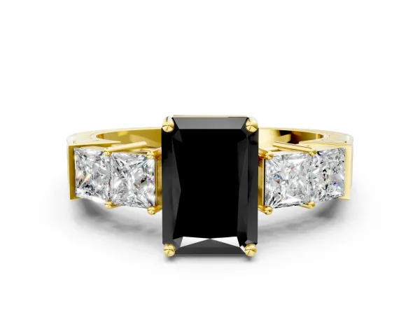 Fancy Black Radiant Cut Solitaire Princess Side Stone Engraved Band Prong Setting Ring Yellow gold