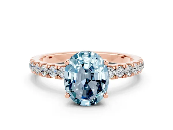 Oval Cut Aquamarine Pave Band Solitaire Ring with Round and Prong Setting Rose gold