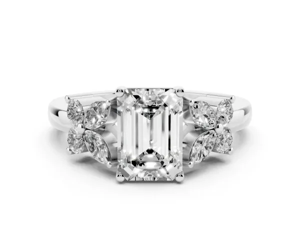 Emerald Cut Diamond Floral Cluster Ring with Solitaire Band and Prong Setting Platinum