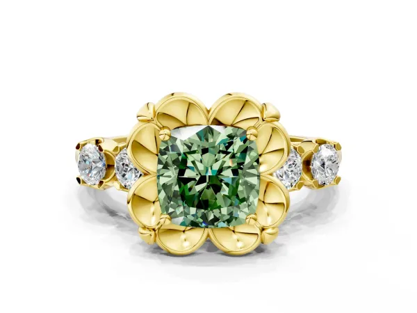 Fancy Green Cushion Cut Cut Diamond Floral Halo Engagement Ring with Shared Prong Setting Yellow gold