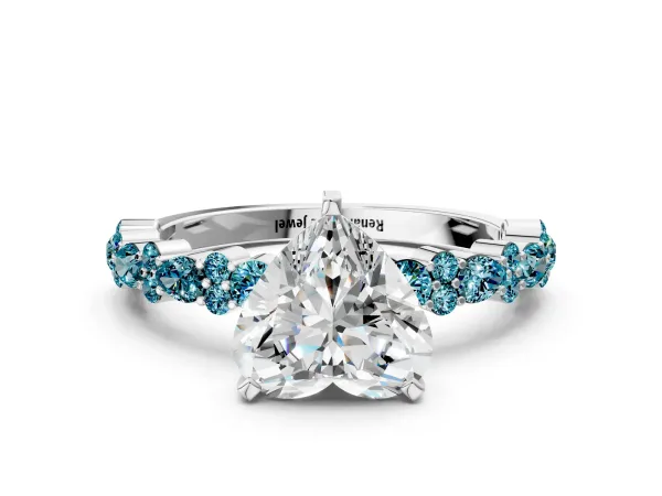 Heart Cut Diamond Side Stone Solitaire Ring with Round Blue Topaz and Four-Prong Setting Platinum