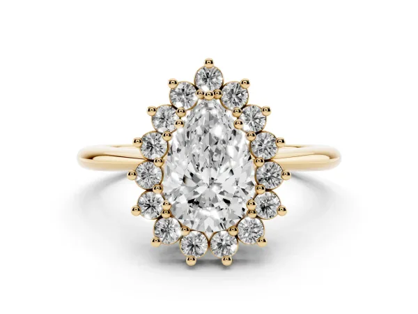 Prong-Set Pear-Cut Emerald with Diamond Halo and White Gold Band Yellow gold