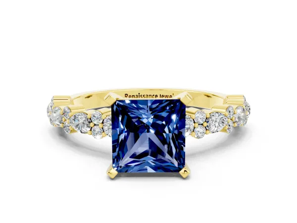 Princess Cut Blue Sapphire Side Stone Solitaire Ring with Round and Four-Prong Setting Yellow gold