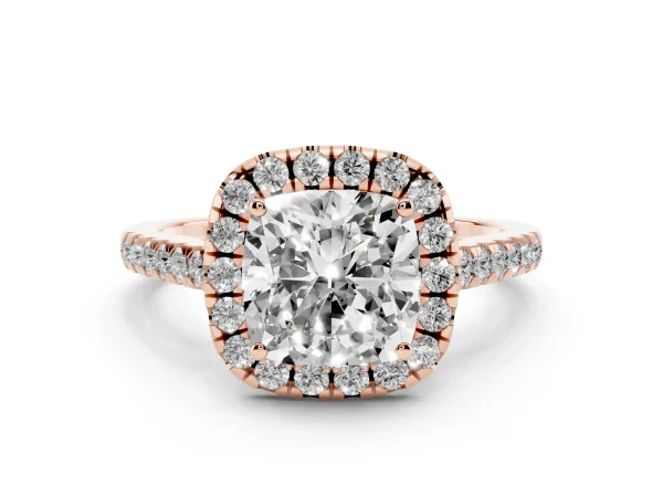 Cushion Cut Halo Pavé Diamond Engagement Ring with Four-Prong Setting Rose gold