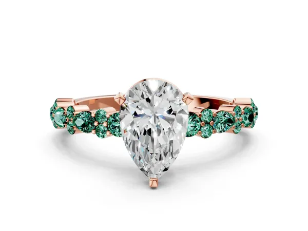 Pear Cut Diamond Side Stone Solitaire Ring with Round Green Sapphire and Four-Prong Setting Rose gold