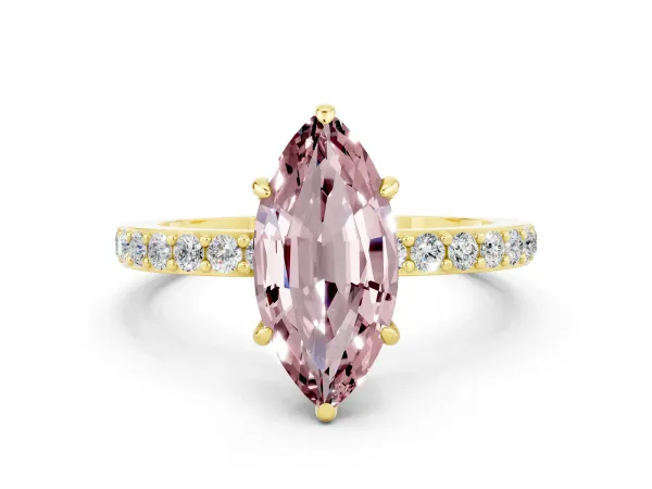 Marquise Cut Morganite Solitaire Engagement Ring with Pavé Band and Four-Prong Setting Yellow gold