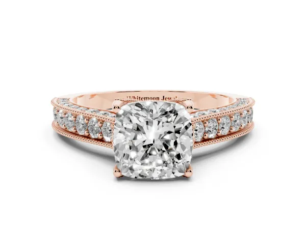 Cushion Cut Cut Diamond Solitaire Ring with Milgrain Pave Band and Four Prong Setting Rose gold