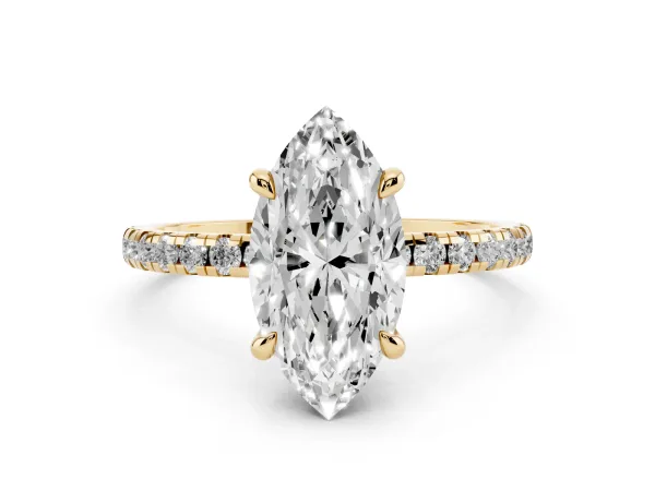 Marquise Cut Diamond Brilliant Solitaire Ring with Pavé Band and Four-Prong Setting Yellow gold