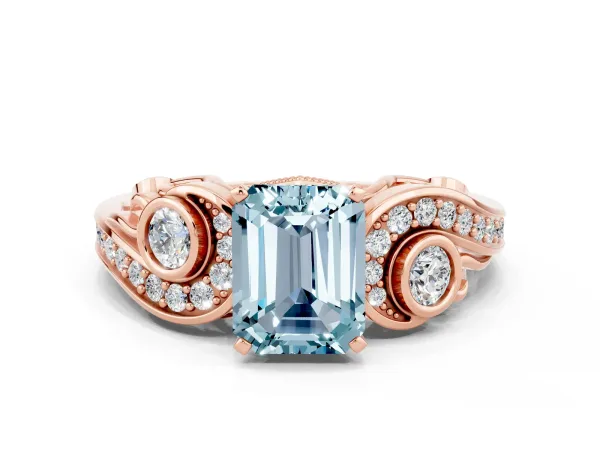 Emerald Cut Aquamarine Solitaire Ring with Milgrain Pavé Band and Four-Prong Setting Rose gold