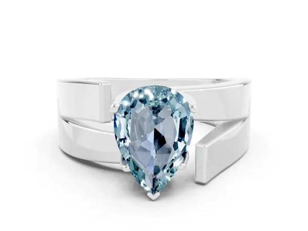 Modern Tension Set Pear Cut Aquamarine Solitaire Wide Band Ring Platinum