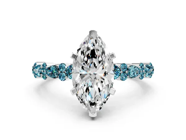 Marquise Cut Diamond Side Stone Solitaire Ring with Round Blue Topaz and Four-Prong Setting White gold